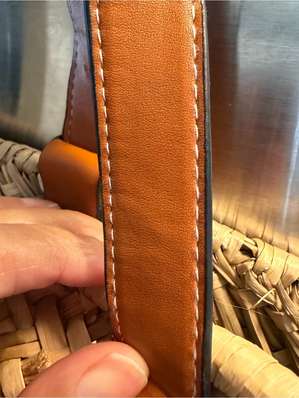Woven Straw Tote with Tan Leather Handles - Picture 4 of 5